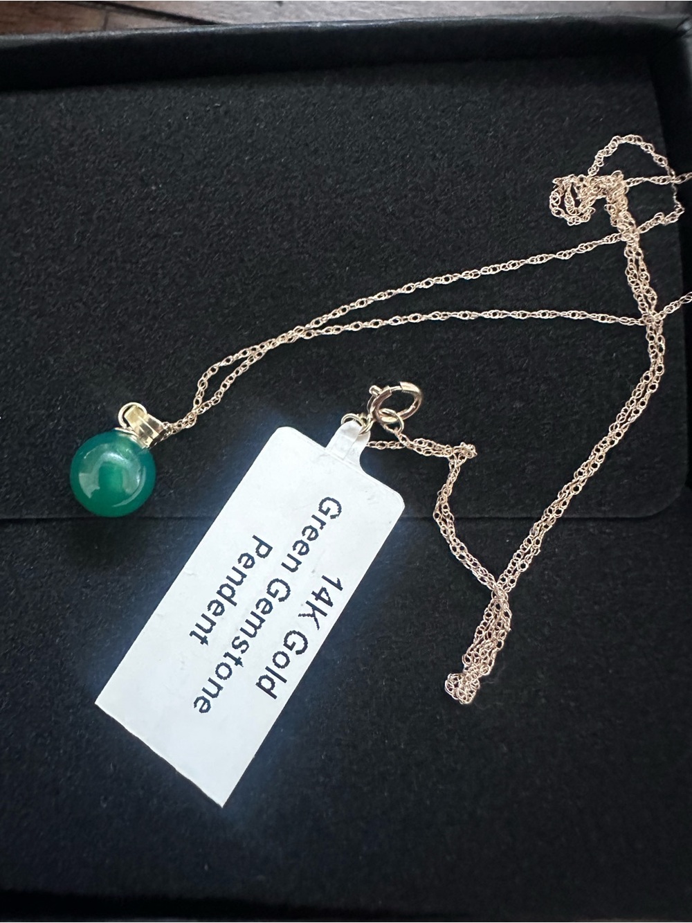 14K Gold Green Gemstone Pendant Necklace on Delicate Chain Ball